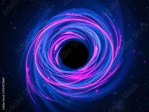 Cosmic vortex swirling with pink and blue neon lines around a black hole, surrounded by stars and galaxies, astronomy, gravity
