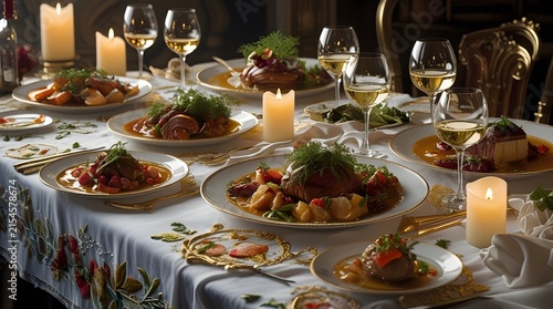 A sumptuously depicted feast of gourmet delicacies, every aspect exuding luxury and opulence: succulent dishes gleaming under soft candlelight, delicate herbs adorning each plate, crystal-clear glass