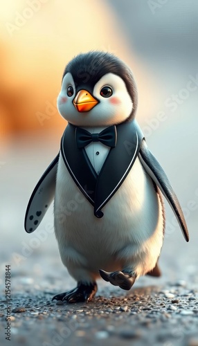 Adorable penguin waddling along with tuxedo-like feathers and big eyes, ||penguin, cute
