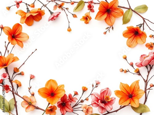 Seamless border featuring watercolor-painted orange and pink autumn wild flowers, branches, leaves, and twigs isolated on a white background, clipart, borders