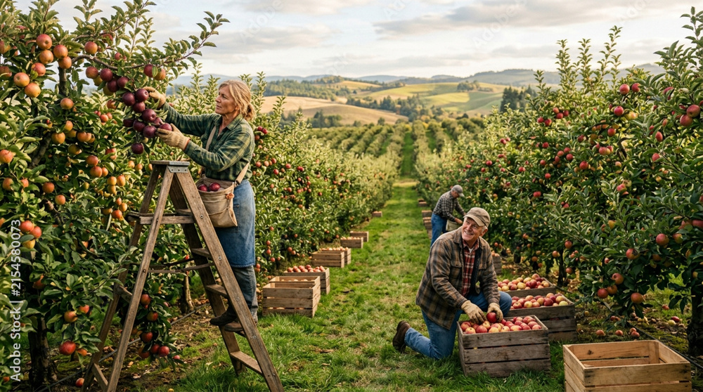 Fototapeta premium Apple harvest: People picking ripe fruit from trees in a rural orchard