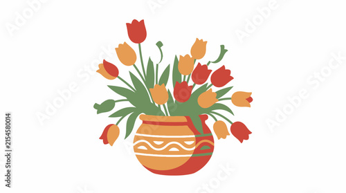 Red and Orange Tulip Flowers Bouquet in Patterned Vase Vector