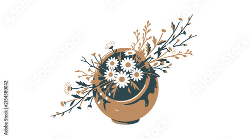 Asymmetric Wildflower Bouquet with Daisies in Decorative Round Pot Vector