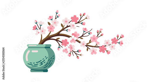 Pink Cherry Blossom Branch in Green Ceramic Pot Vector