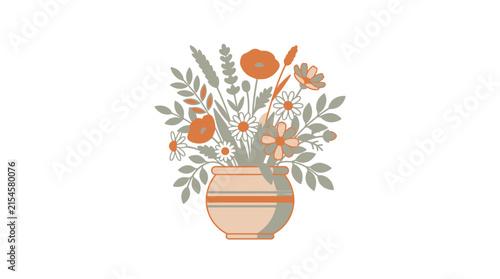 Delicate Wildflower Bouquet with Poppies and Daisies in Terracotta Pot Vector