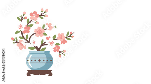 Pink Sakura Branch in Blue Ceramic Pot Vector Illustration