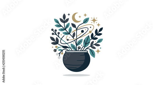 Mystical Potted Plant Illustration with Crescent Moon Stars and Cosmic Orbits