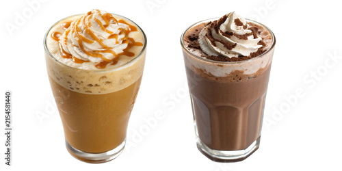 Caramel and Chocolate Milkshakes in Clear Glasses