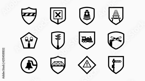 Black and white railway crossing and signal shields with transport symbols for safety with each featuring symbols related railway crossings arranged grid layout neutral background