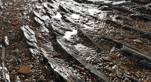 Detailed view of wet dark stratified rock surface.