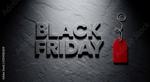 A bold and dramatic black friday promotional graphic featuring dark textured stone lettering and a bright red hanging price tag for sales
