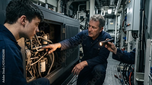 Marine technician explains generator service to an apprentice