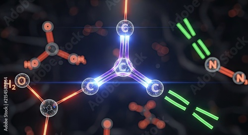 Digital molecular formula rendering with neon light effects.