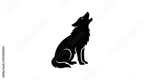 Black silhouette of a wolf howling, sitting on its haunches, looking upwards against a white background.