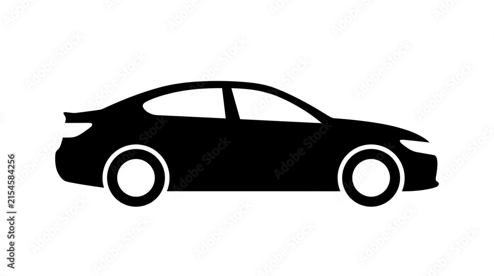 Fototapeta premium Minimalist black sedan car silhouette profile icon featuring bold lines and flat vector graphic style