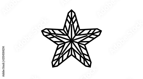A black and white geometric five-pointed star with intricate faceted patterns and sharp lines.