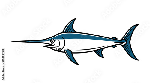 A blue and white swordfish swimming, depicted in a stylized illustration with a long bill and fins.