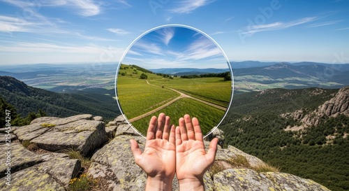 Hands holding crystal ball reflecting a mountain landscape.