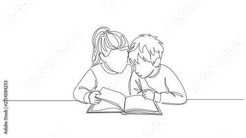 animated continuous line drawing of young girl and boy sitting together at table reading a book, education, friendship, sibling bonding and childhood learning concept, line art animation
