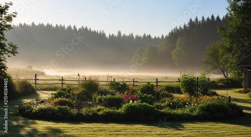 Beautiful morning mist over a rural garden landscape.
