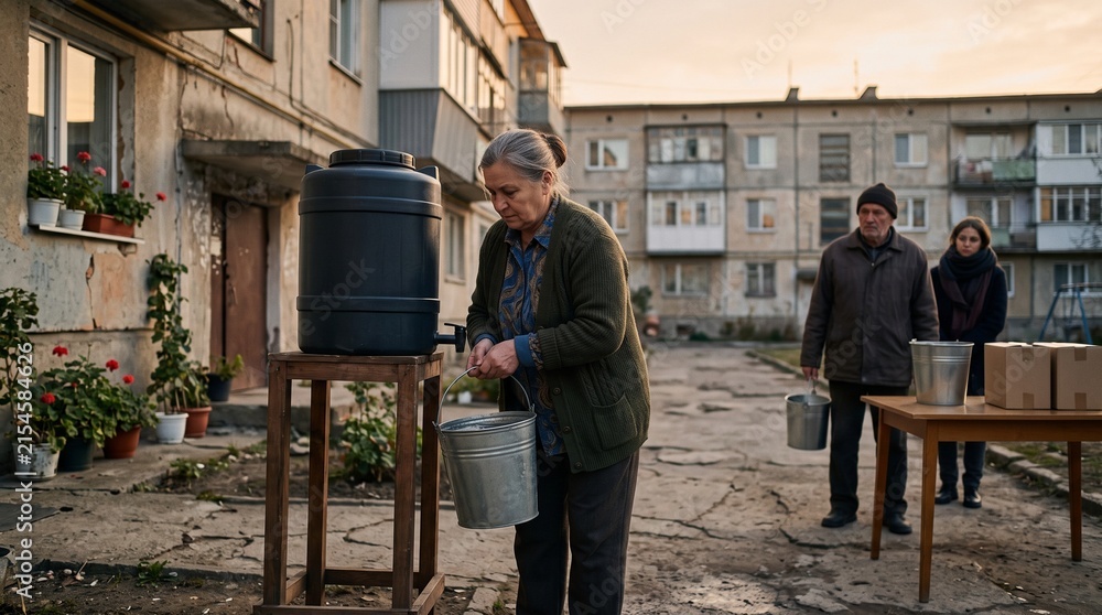 Fototapeta premium Residents collect water in a quake affected neighborhood courtyard