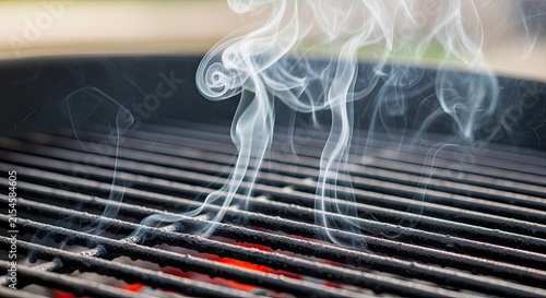 White smoke rising from empty barbecue grill grates outdoors.