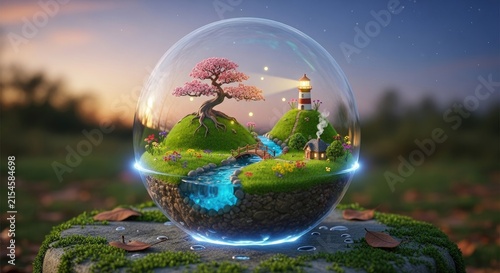 Fantasy glass sphere containing miniature island landscape with lighthouse.