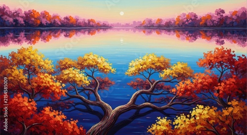 Vibrant autumn trees reflecting in a calm lake.