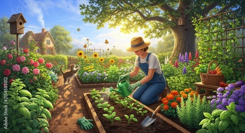 Woman watering plants in a vibrant summer vegetable garden.