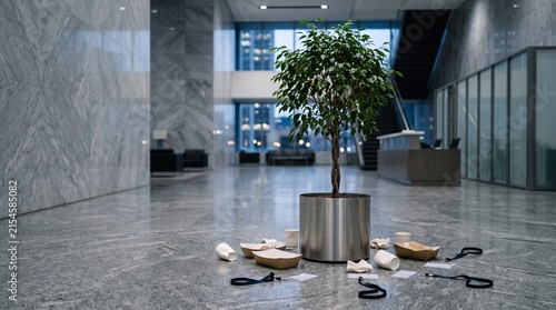 Token lobby tree surrounded by corporate event waste
