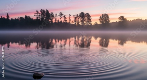 Serene misty lake at dawn with circular water ripples.
