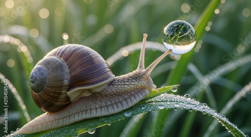 Snail with a water droplet on its antenna.