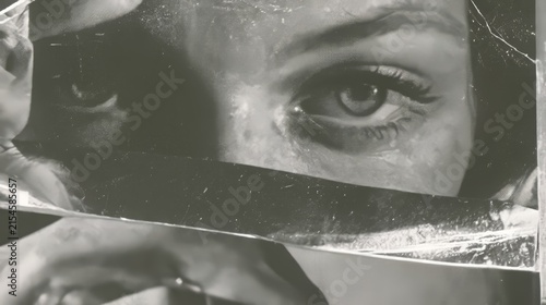 Black-and-white collage of a woman's eye using paper craft with mirror reflection and grunge effects. 