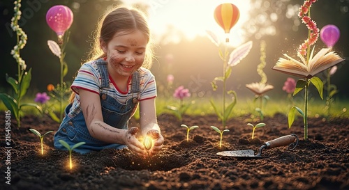 Girl planting magical glowing seeds in fantastical garden landscape.