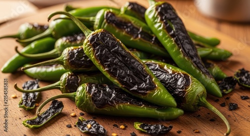 Charred green padron peppers on a rustic wooden board.