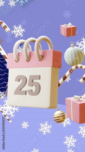 Animation of calendar with 25 of december date and christmas decorations