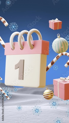 Animation of calendar with 1 number date and christmas decorations
