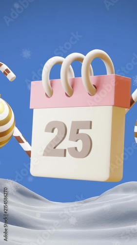 Animation of calendar with 25 number date and christmas decorations