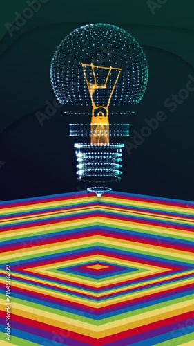 Animation of bulb over moving coloured square surface with dark background