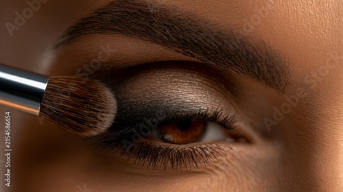 Close-up of eye makeup application with brush and black eyeshadow, beauty salon concept.