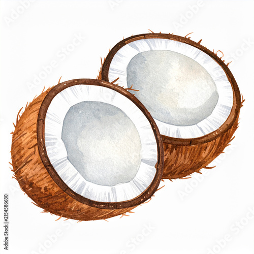 Hand-drawn watercolor illustration of two halved coconuts, rough brown coconut shells with bright white coconut flesh, tropical fruit botanical artwork, isolated on white background.