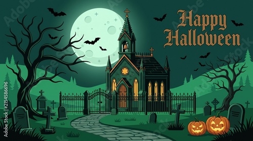 Spooky halloween background featuring a haunted church graveyard under a full moon with glowing jack o lanterns