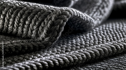 Close-up texture of a dark gray knitted merino wool blanket.