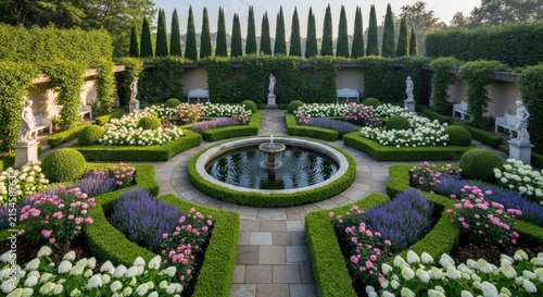 Elaborate formal estate garden with fountains and statues.
