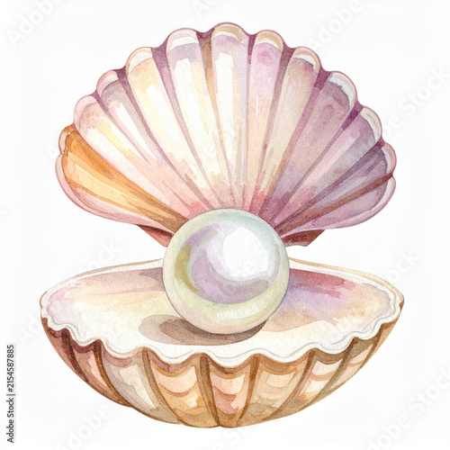 Hand-drawn watercolor painting of beautiful pearl inside open seashell, isolated on white background, artistic botanical illustration style.