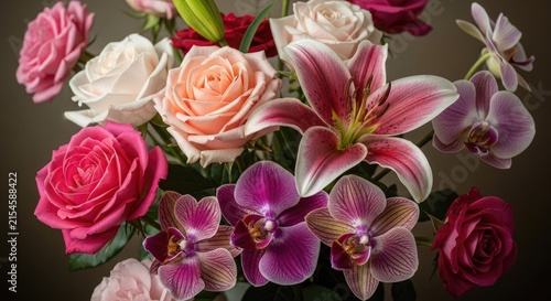 Elegant bouquet of pink roses and purple orchids.