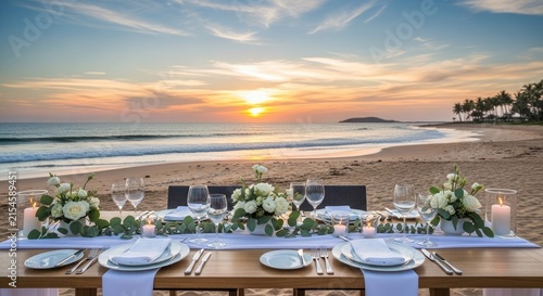 Elegant dinner table setting on a tropical beach sunset.