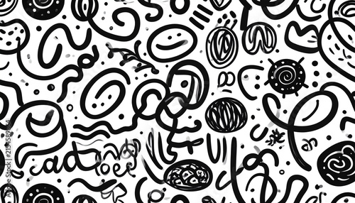Minimalist abstract doodle pattern with bold black hand-drawn lines, playful squiggles, random loops and organic shapes, childish artistic drawing style, lots of white space, spontaneous ink texture.