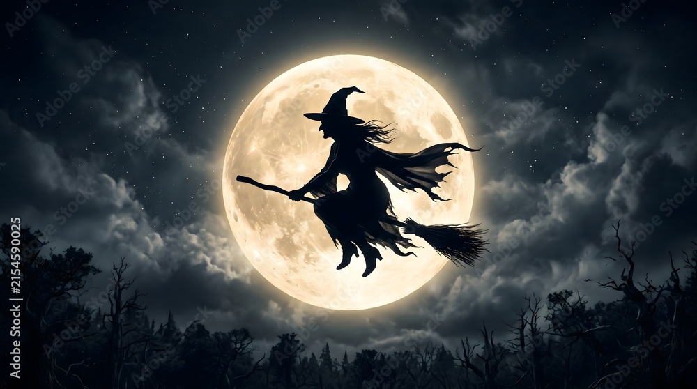 Fototapeta premium Silhouette of a witch flying on a broomstick against a large full moon in a cloudy night sky