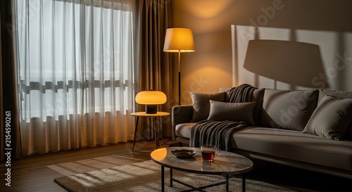 Elegant living room with warm lamp lighting at night